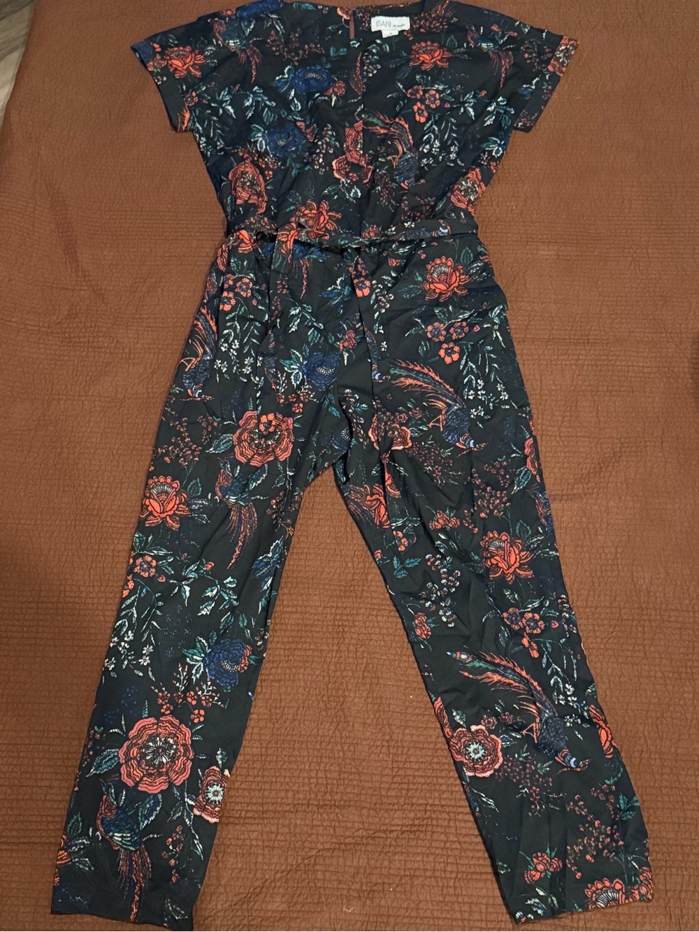 Floral Belted Jumpsuit - Black with Red & Blue Floral